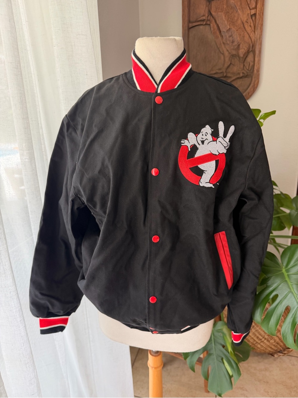 Vintage Ghostbusters Black & Red Ghost Logo Varsity Bomber Jacket